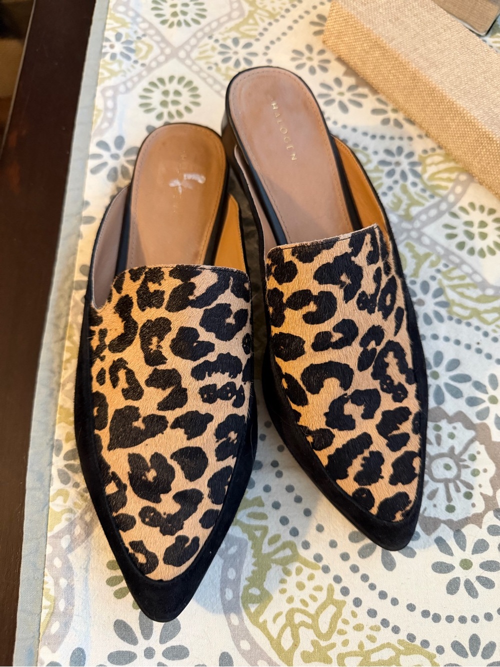 Halogen Leopard-Print Pointed Mules in Black and Brown